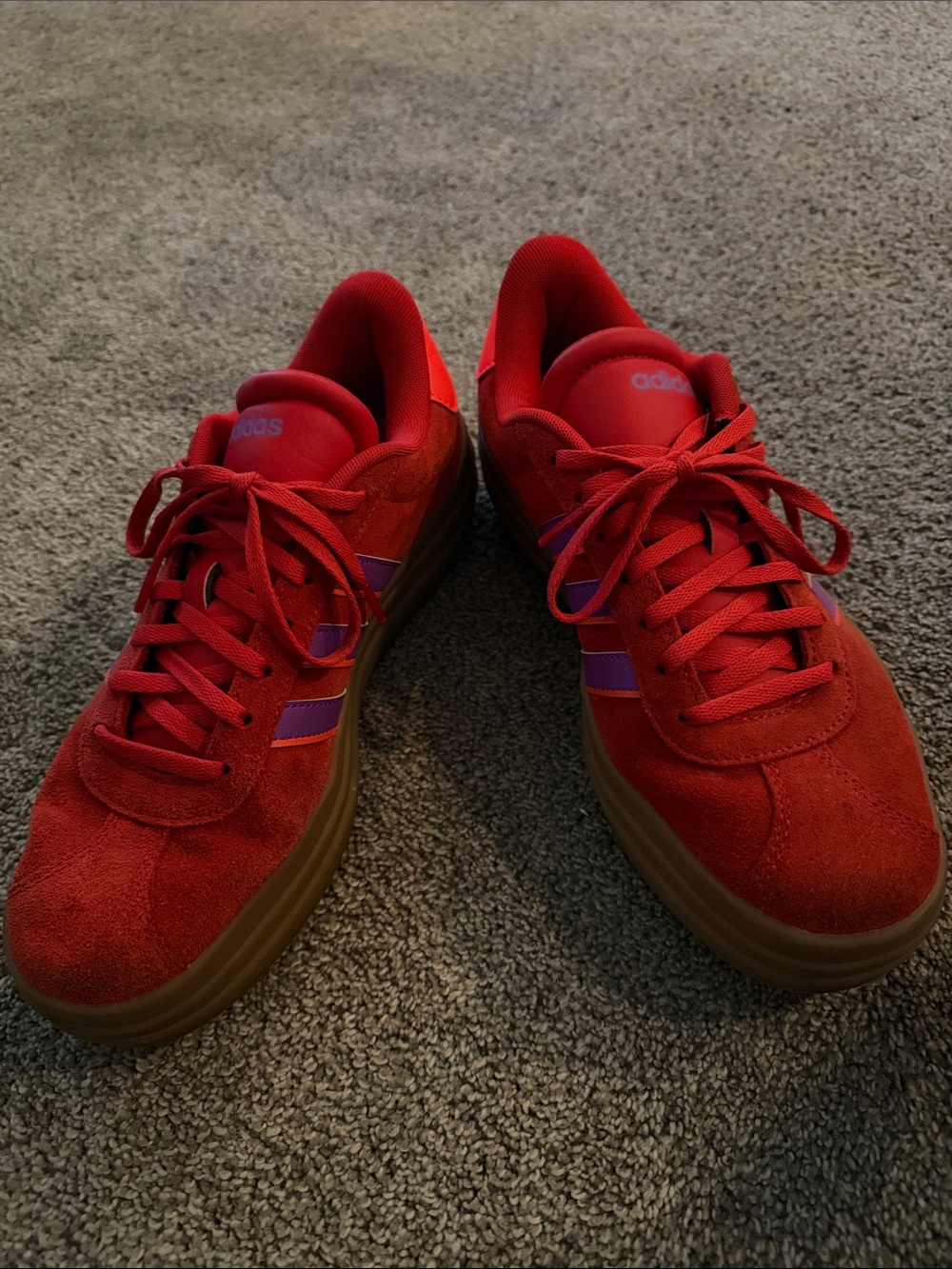 adidas Red Suede Sneakers with Purple Stripes